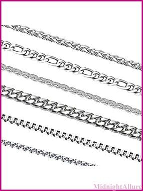 6 Pc Stainless Steel Chain Necklace Set 18" Cuban Rope Box Figaro Rolo Wheat